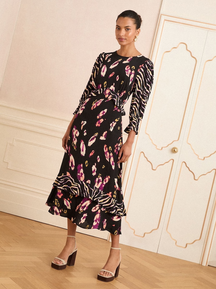 Love & Roses Black Animal Peplum Midi Dress - Image 1 of 4