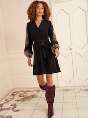 Love & Roses Black Floral Notch Neck Mini Dress - Image 3 of 4
