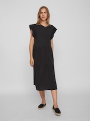 VILA Black Short Sleeve Jersey Tiered Midi Dress - Image 1 of 5