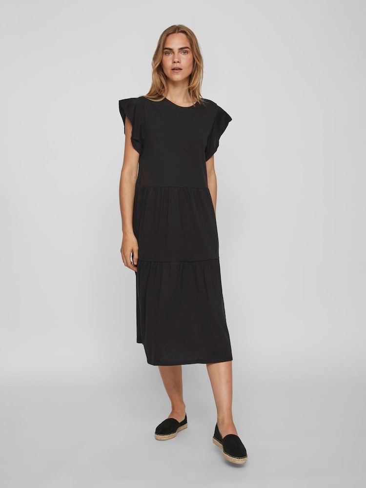 VILA Black Short Sleeve Jersey Tiered Midi Dress - Image 1 of 5