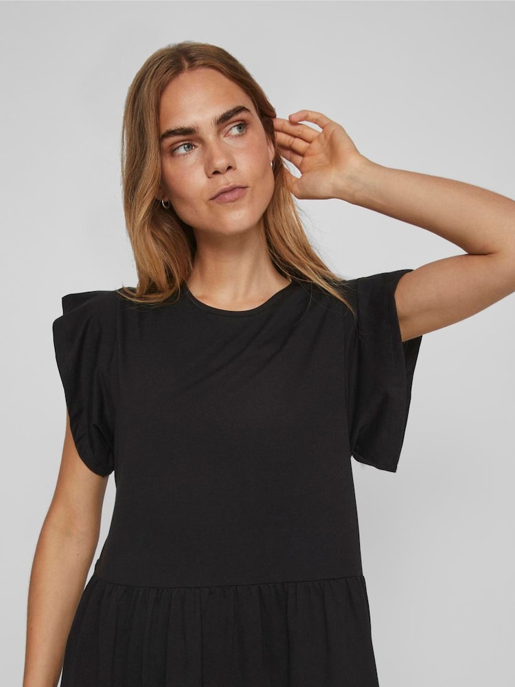 Negru - Rochie midi VILA cu mâneci scurte din jerseu, cu volane - Image 4 of 5