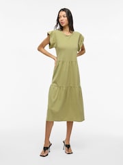 VILA Green Short Sleeve Jersey Tiered Midi Dress - Image 3 of 7