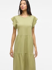 VILA Green Short Sleeve Jersey Tiered Midi Dress - Image 4 of 7