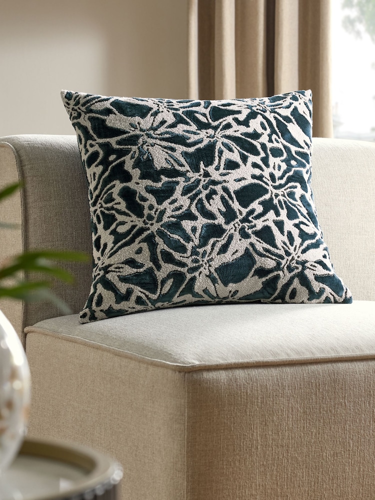 Blue 50 x 50cm Velvet Abstract Floral Cushion - Image 1 of 5