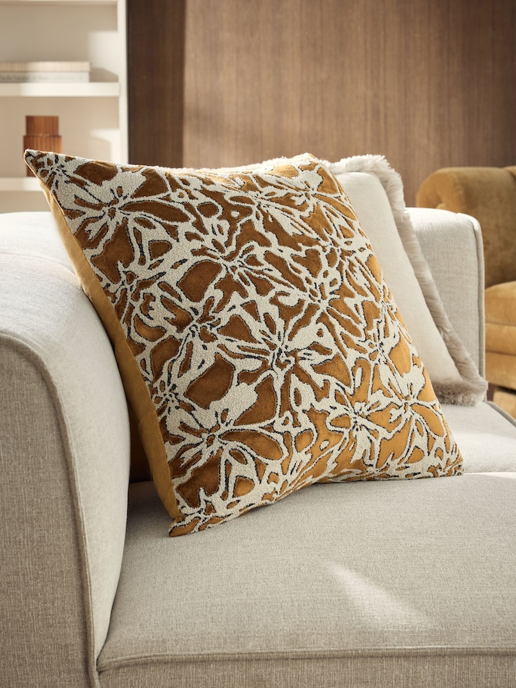 Ochre Yellow 50 x 50cm Velvet Abstract Floral Cushion - Image 1 of 5