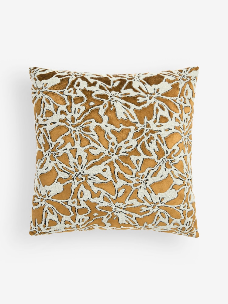 Ochre Yellow 50 x 50cm Velvet Abstract Floral Cushion - Image 3 of 5
