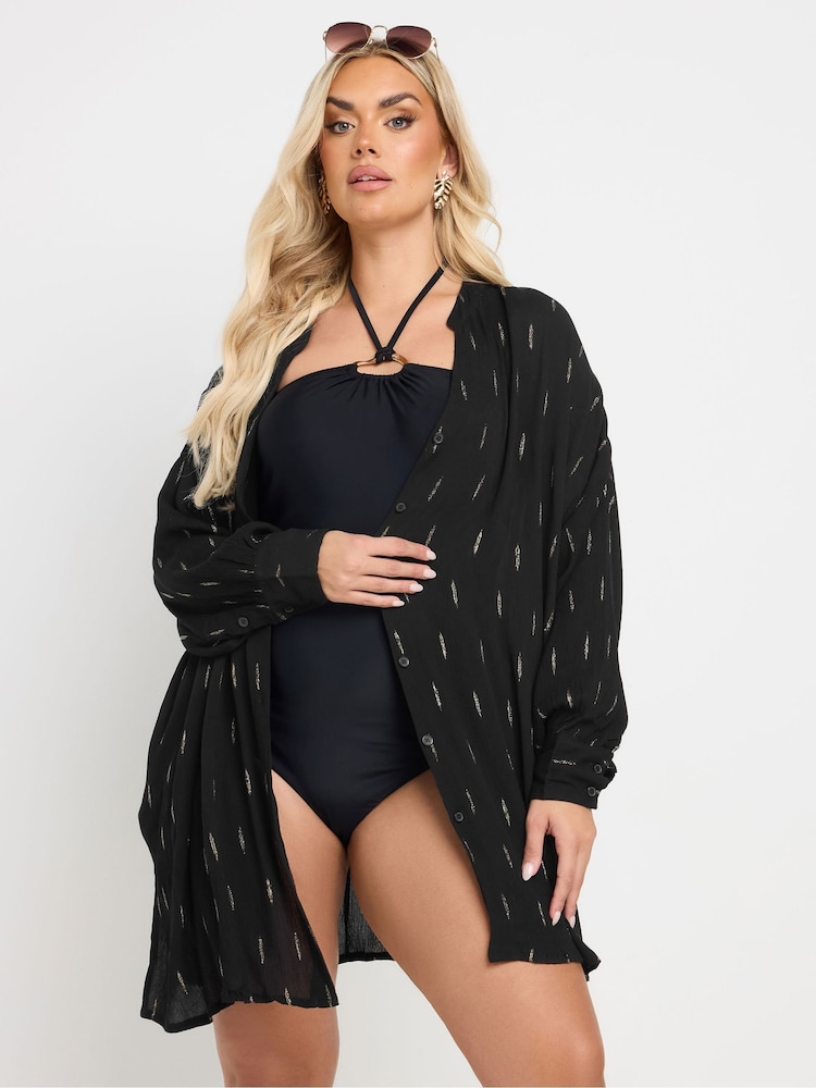 Yours Curve Black Stand Collar Beach Shirt - Image 1 of 6