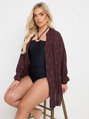 Yours Curve Brown Stand Collar Beach Shirt - Image 1 of 6