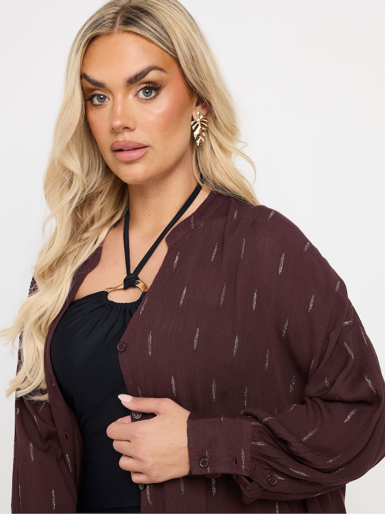 Yours Curve Brown Stand Collar Beach Shirt - Image 2 of 6