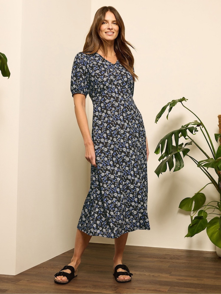 M&Co Natural V-Neck Midi Floral Print Dress - Image 2 of 5