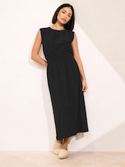 PixieGirl Petite Black Shirred Waist Midi Dress - Image 1 of 5