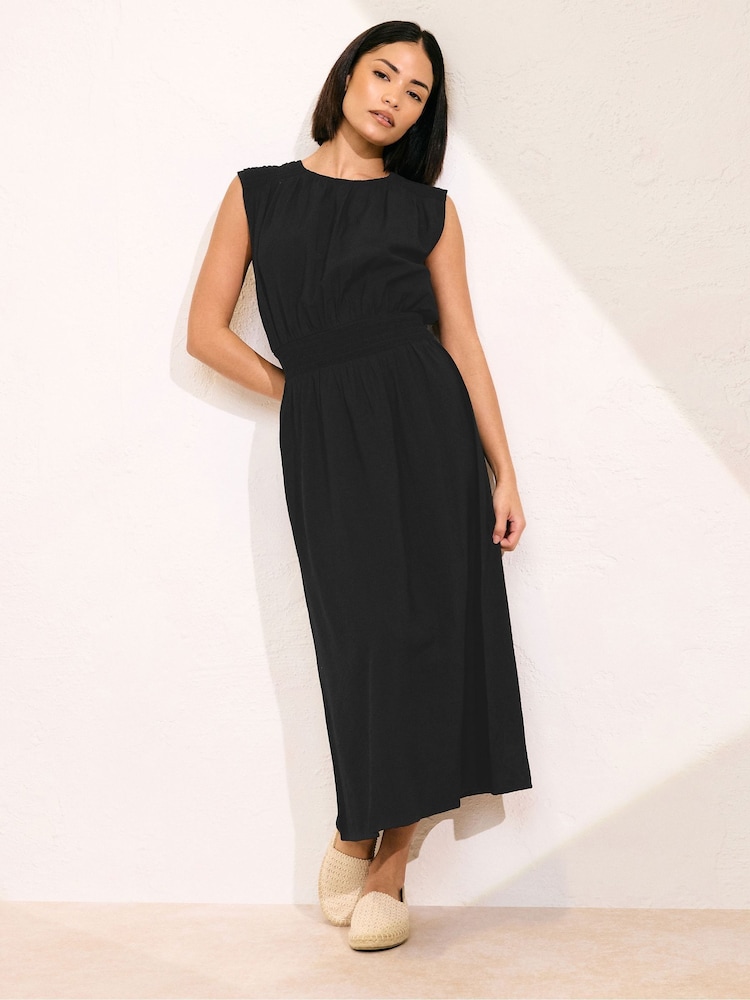 PixieGirl Petite Black Shirred Waist Midi Dress - Image 1 of 5