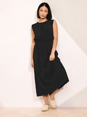 PixieGirl Petite Black Shirred Waist Midi Dress - Image 2 of 5