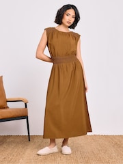 PixieGirl Petite Brown Shirred Waist Midi Dress - Image 1 of 5
