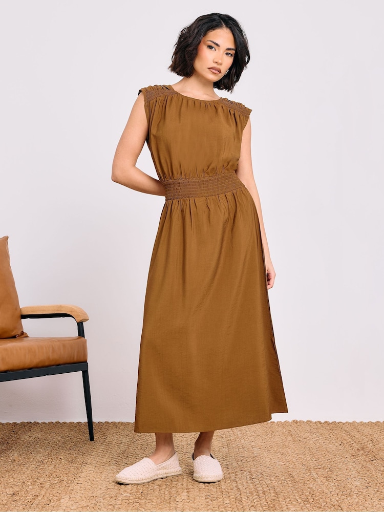 PixieGirl Petite Brown Shirred Waist Midi Dress - Image 1 of 5