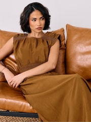 PixieGirl Petite Brown Shirred Waist Midi Dress - Image 2 of 5