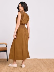 PixieGirl Petite Brown Shirred Waist Midi Dress - Image 3 of 5