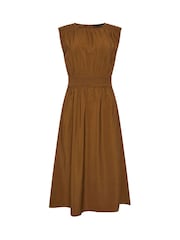 PixieGirl Petite Brown Shirred Waist Midi Dress - Image 5 of 5