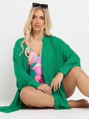 Yours Curve Green Stand Collar Beach Shirt - Image 5 of 6