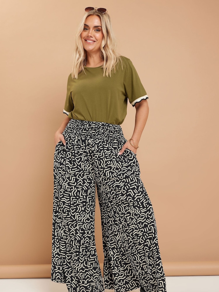 Yours Curve Black Shirred Waist Wide Leg Trousers - Image 2 of 5