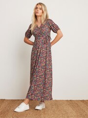 M&Co Orange Petite Short Sleeve Ditsy Wrap Maxi Dress - Image 1 of 5