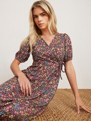 M&Co Orange Petite Short Sleeve Ditsy Wrap Maxi Dress - Image 3 of 5