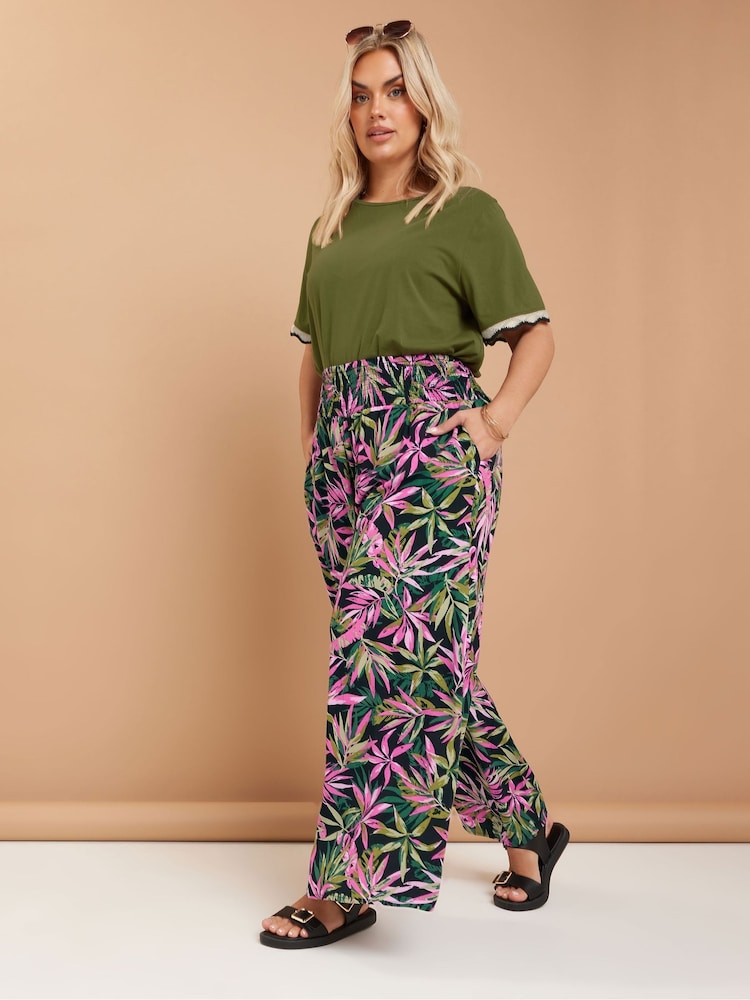 Yours Curve Black Shirred Waist Wide Leg Trousers - Image 2 of 5