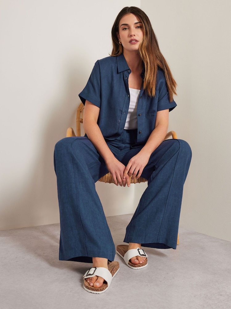 Long Tall Sally Blue Pleat Front Linen Trousers - Image 1 of 4