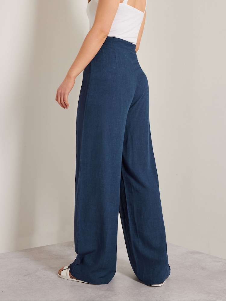 Long Tall Sally Blue Pleat Front Linen Trousers - Image 4 of 4