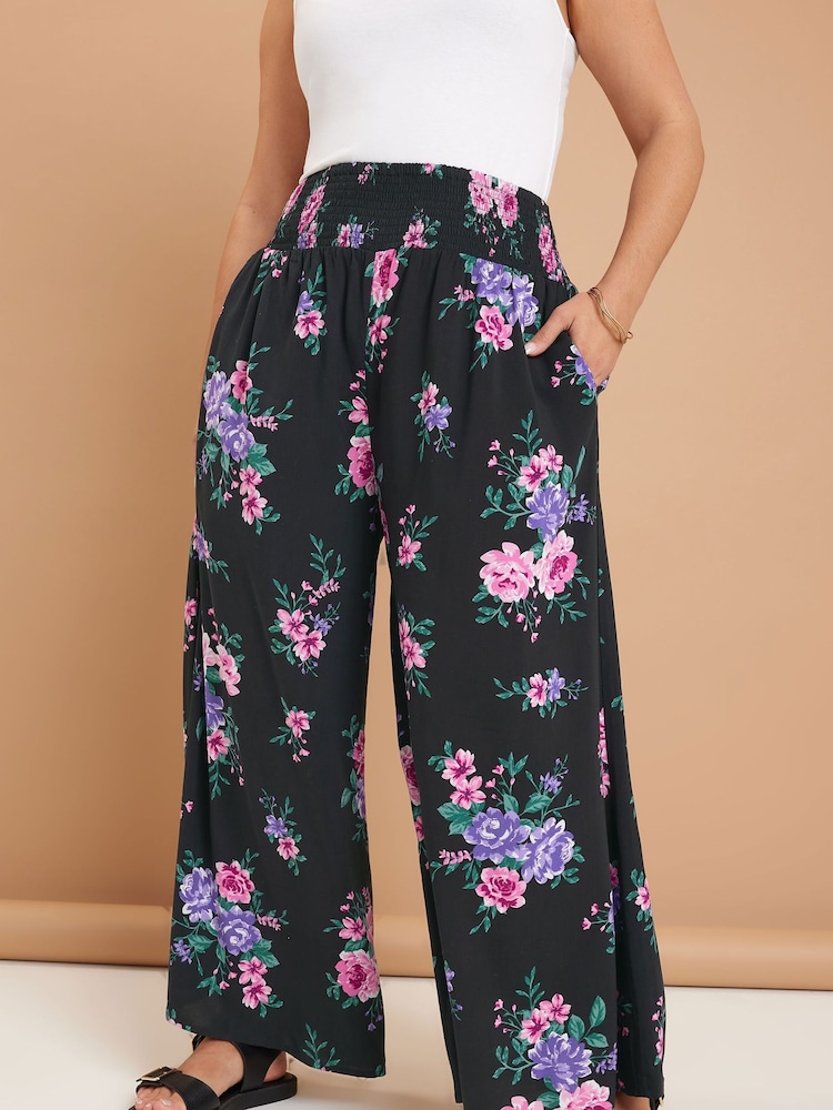 Yours Curve black chrome Shirred Waist Wide Leg Trousers - Image 1 of 5