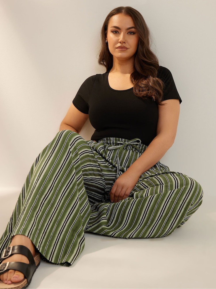 Yours Curve Green Textured Wide Leg Trousers - Image 1 of 6
