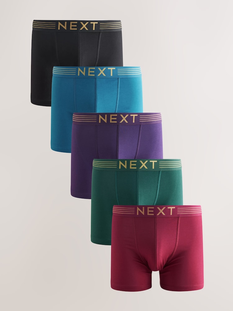 Pink/ Blue/ Green Gold Waistband 5 Pack Cotton Rich Trunk Boxers - Image 1 of 1