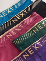 Pink/ Blue/ Green Gold Waistband 5 Pack Cotton Rich Trunk Boxers - Image 8 of 9