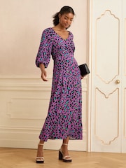 Love & Roses Purple Animal Printed V-Neck Puff Sleeve Midi Dress - Image 1 of 4