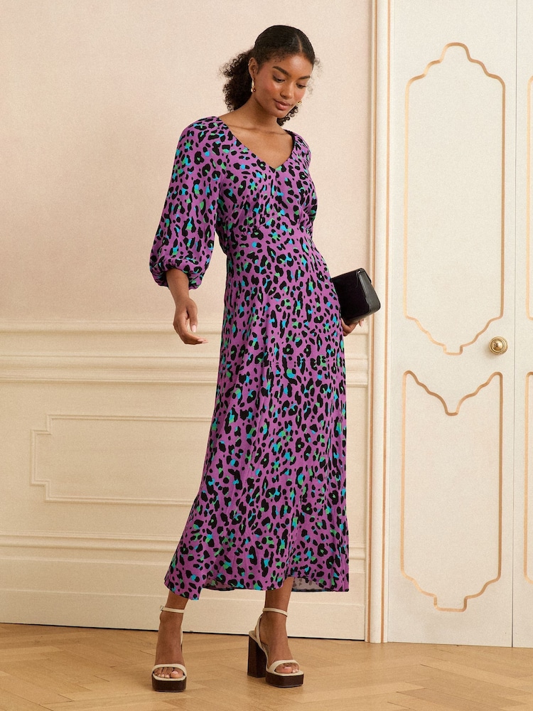 Love & Roses Purple Animal Printed V-Neck Puff Sleeve Midi Dress - Image 1 of 4