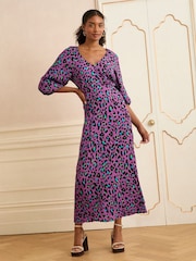 Love & Roses Purple Animal Printed V-Neck Puff Sleeve Midi Dress - Image 3 of 4