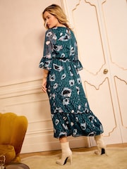 Love & Roses Green Animal Petite Flute Sleeve Midi Dress - Image 5 of 5