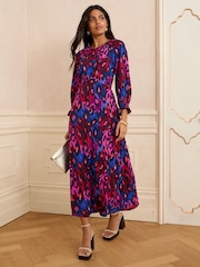 Love & Roses Purple Animal Petite Puff Sleeve Midi Dress - Image 1 of 4
