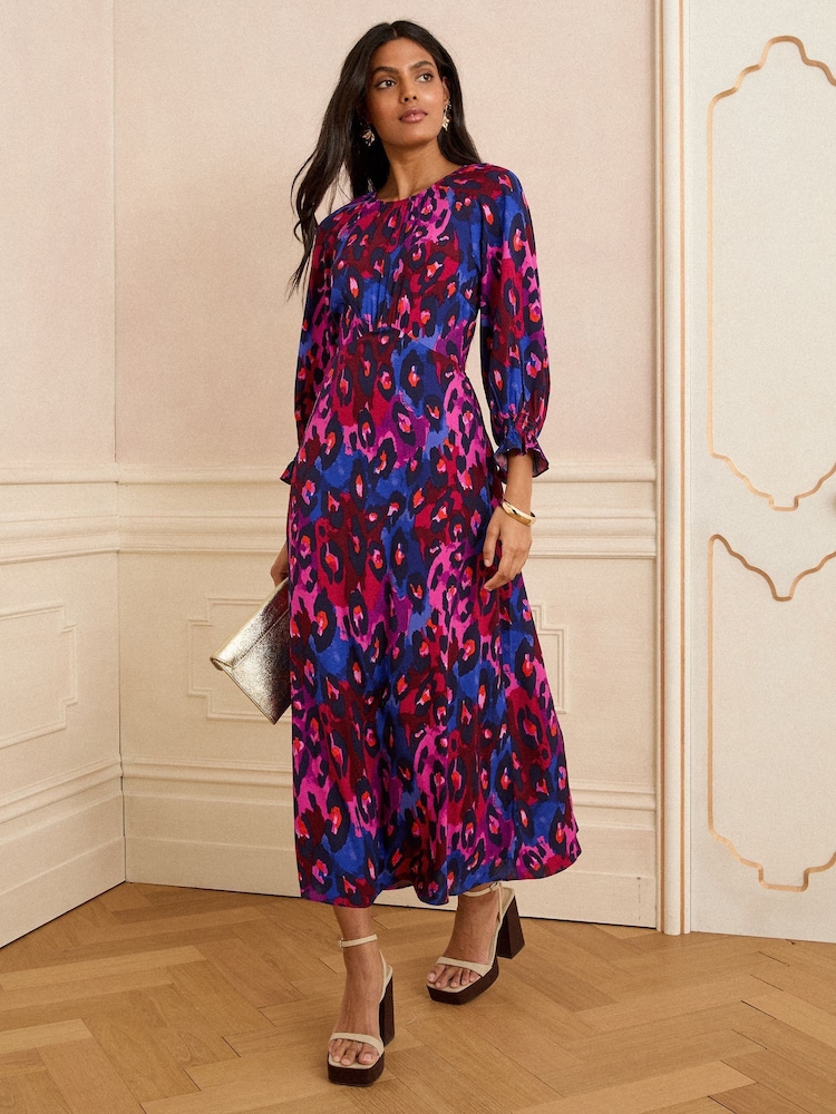 Love & Roses Purple Animal Petite Puff Sleeve Midi Dress - Image 1 of 4