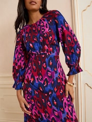 Love & Roses Purple Animal Petite Puff Sleeve Midi Dress - Image 2 of 4
