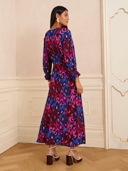 Love & Roses Purple Animal Petite Puff Sleeve Midi Dress - Image 3 of 4