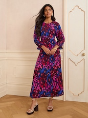 Love & Roses Purple Animal Petite Puff Sleeve Midi Dress - Image 4 of 4