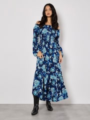 Apricot Blue Floral Print Fluted Sleeve Maxi Dress - Image 1 of 4