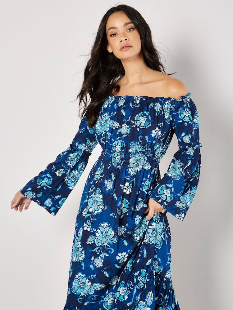 Apricot Blue Floral Print Fluted Sleeve Maxi Dress - Image 2 of 4