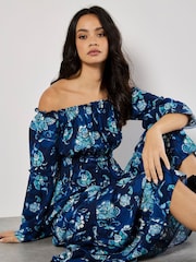 Apricot Blue Floral Print Fluted Sleeve Maxi Dress - Image 4 of 4