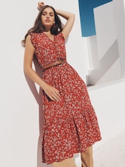 Apricot Red Watercolour Ditsy Frill Wrap Dress - Image 1 of 5