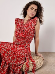 Apricot Red Watercolour Ditsy Frill Wrap Dress - Image 2 of 5