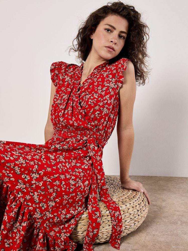 Apricot Red Watercolour Ditsy Frill Wrap Dress - Image 2 of 5