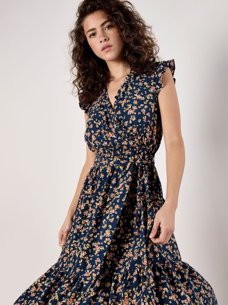 Apricot Blue Watercolour Ditsy Frill Wrap Dress - Image 4 of 4
