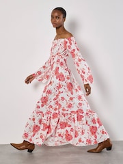 Apricot Pink Floral Print Fluted Sleeve Maxi Dress - Image 1 of 4